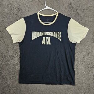Armani Exchange AX Mens XL Pima Cotton Ringer Graphic T-Shirt Navy Blue Cream